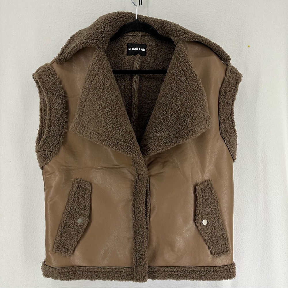 Rehab Lab Leather‎ Sherpa Fur Vest Womens Large Brown